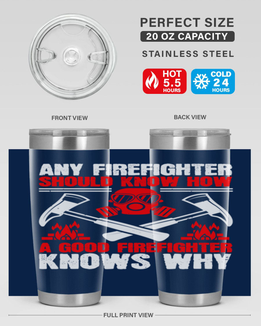 Any Firefighter Tumbler, double wall vacuum stainless steel with copper lining, designed for hot and cold beverages.