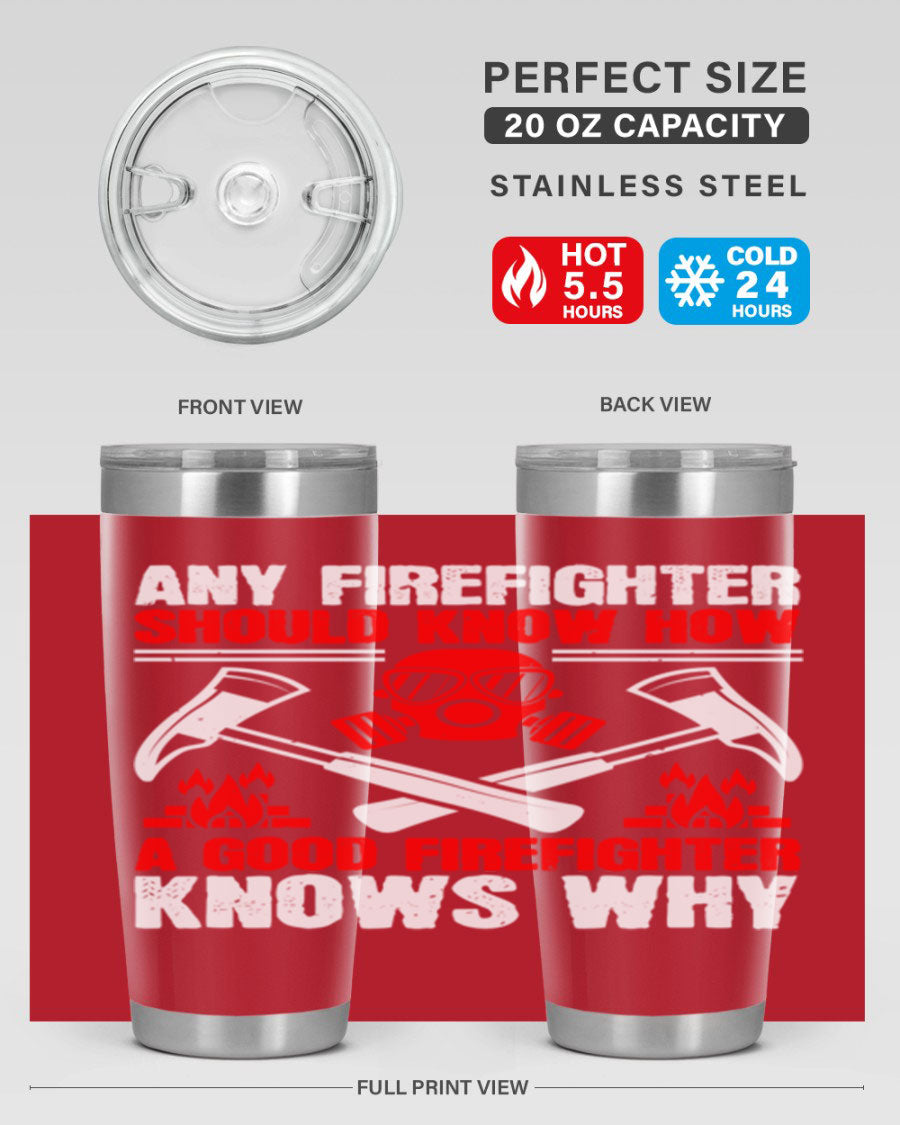 Any Firefighter Tumbler, double wall vacuum stainless steel with copper lining, designed for hot and cold beverages.
