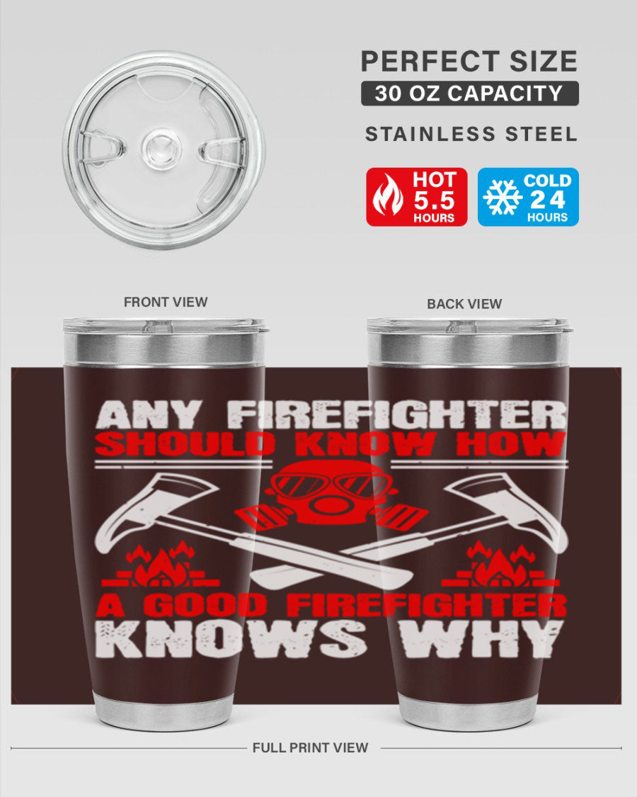 Any Firefighter Tumbler, double wall vacuum stainless steel with copper lining, designed for hot and cold beverages.