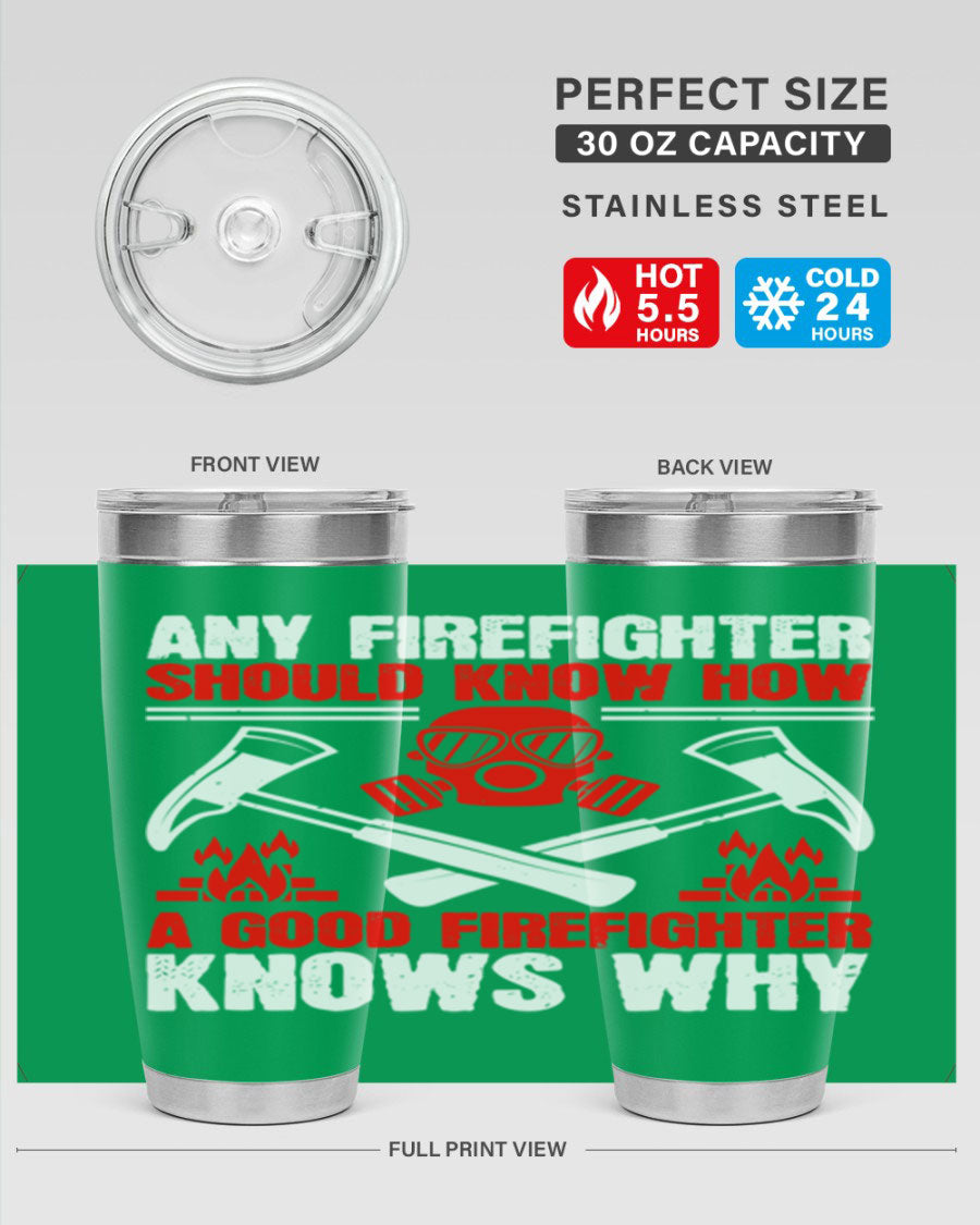 Any Firefighter Tumbler, double wall vacuum stainless steel with copper lining, designed for hot and cold beverages.
