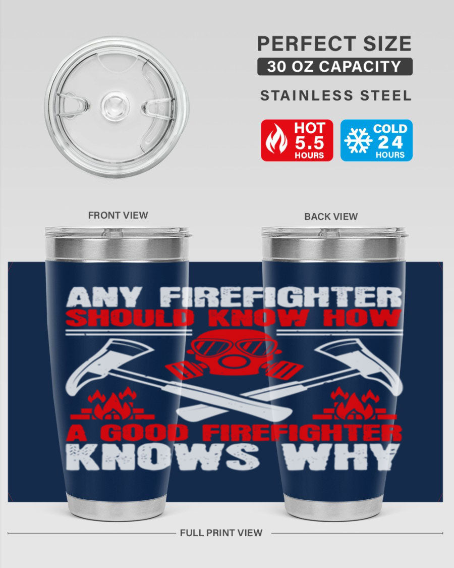 Any Firefighter Tumbler, double wall vacuum stainless steel with copper lining, designed for hot and cold beverages.