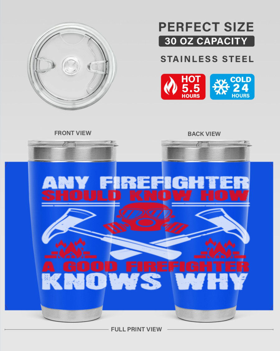 Any Firefighter Tumbler, double wall vacuum stainless steel with copper lining, designed for hot and cold beverages.