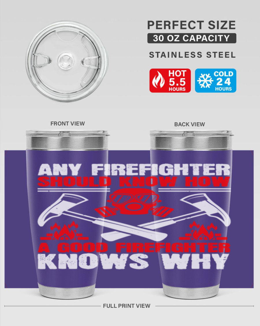Any Firefighter Tumbler, double wall vacuum stainless steel with copper lining, designed for hot and cold beverages.