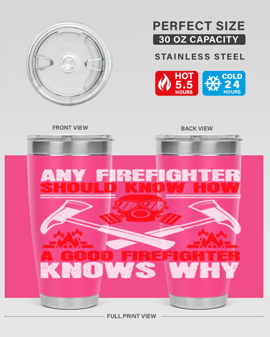 Any Firefighter Tumbler, double wall vacuum stainless steel with copper lining, designed for hot and cold beverages.