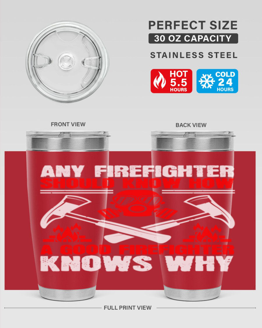 Any Firefighter Tumbler, double wall vacuum stainless steel with copper lining, designed for hot and cold beverages.