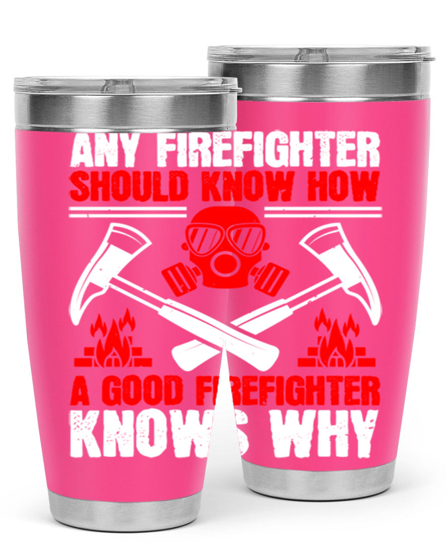 Any Firefighter Tumbler, double wall vacuum stainless steel with copper lining, designed for hot and cold beverages.