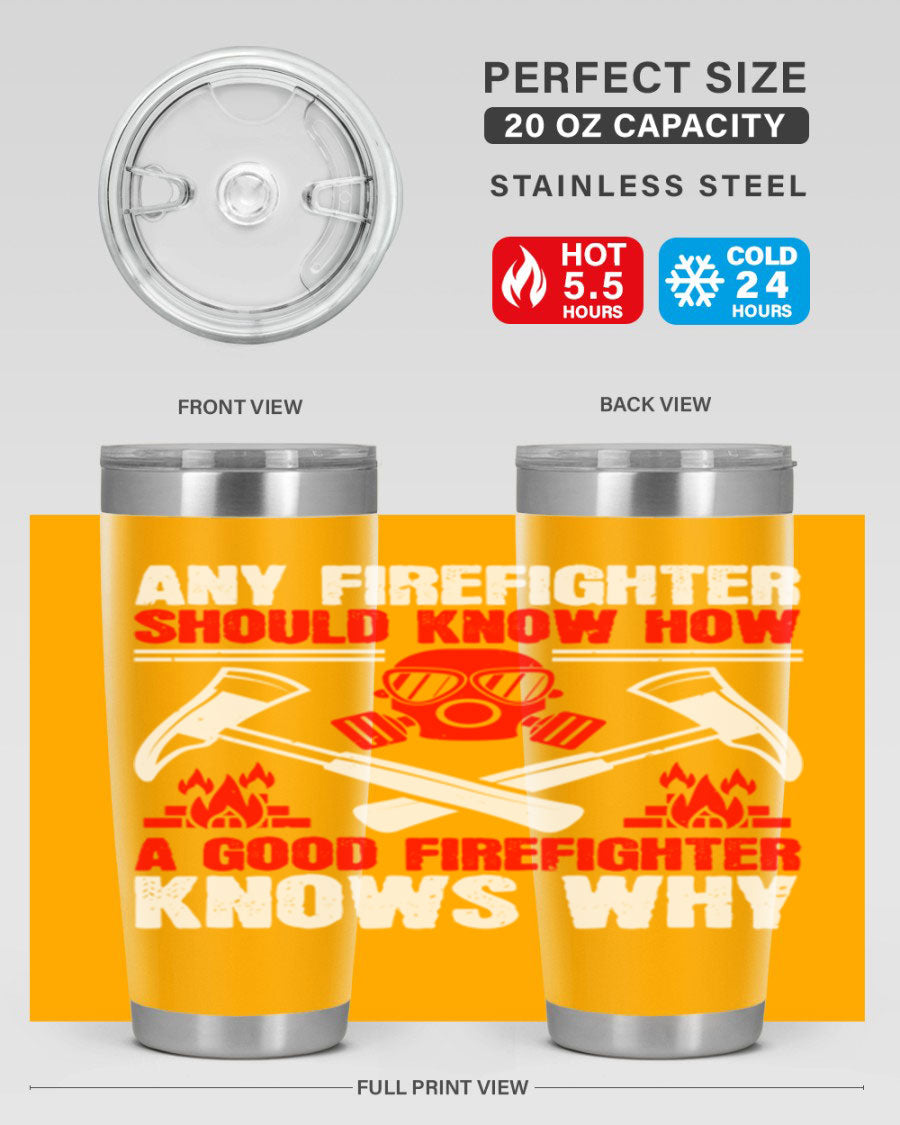 Any Firefighter Tumbler, double wall vacuum stainless steel with copper lining, designed for hot and cold beverages.