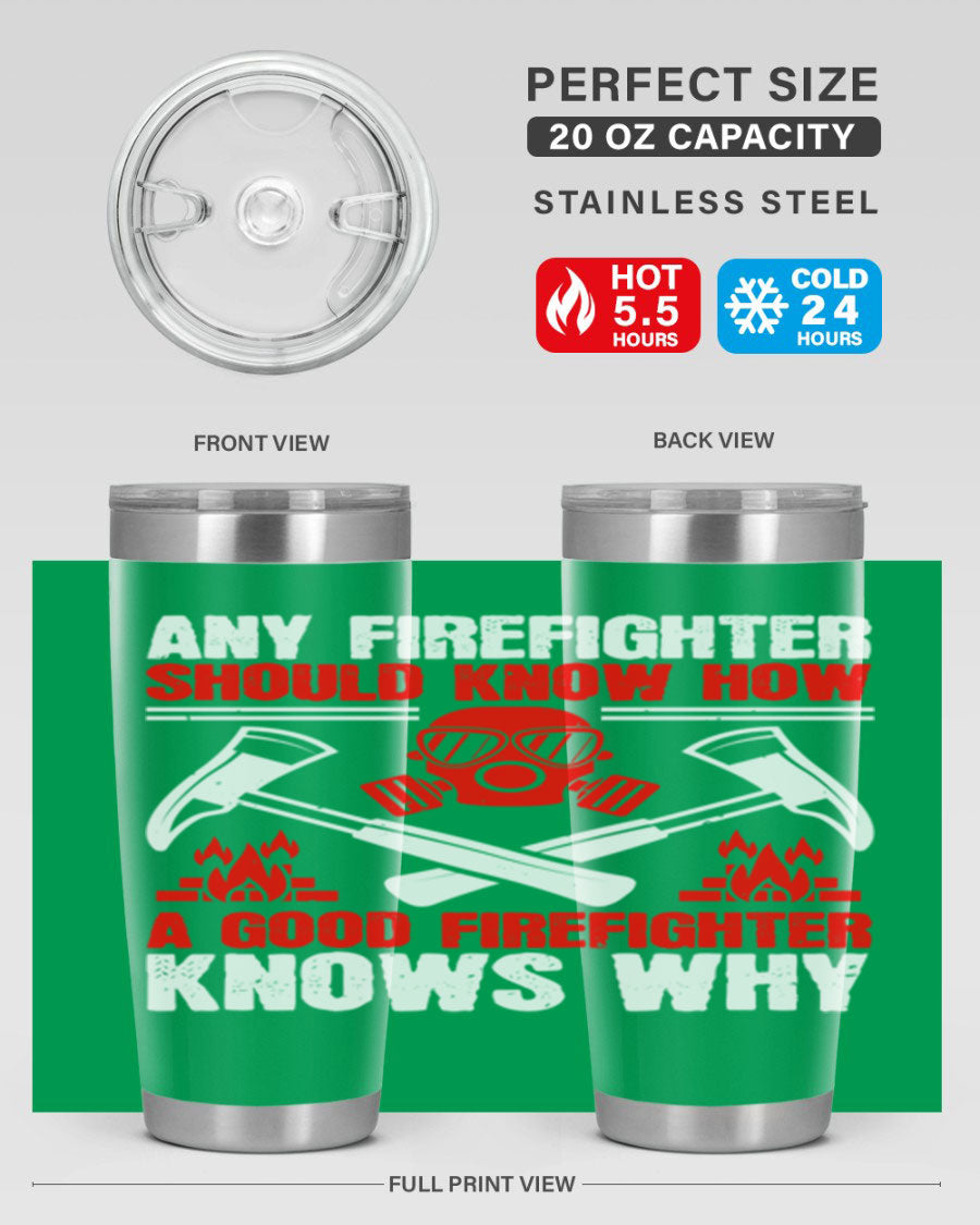 Any Firefighter Tumbler, double wall vacuum stainless steel with copper lining, designed for hot and cold beverages.