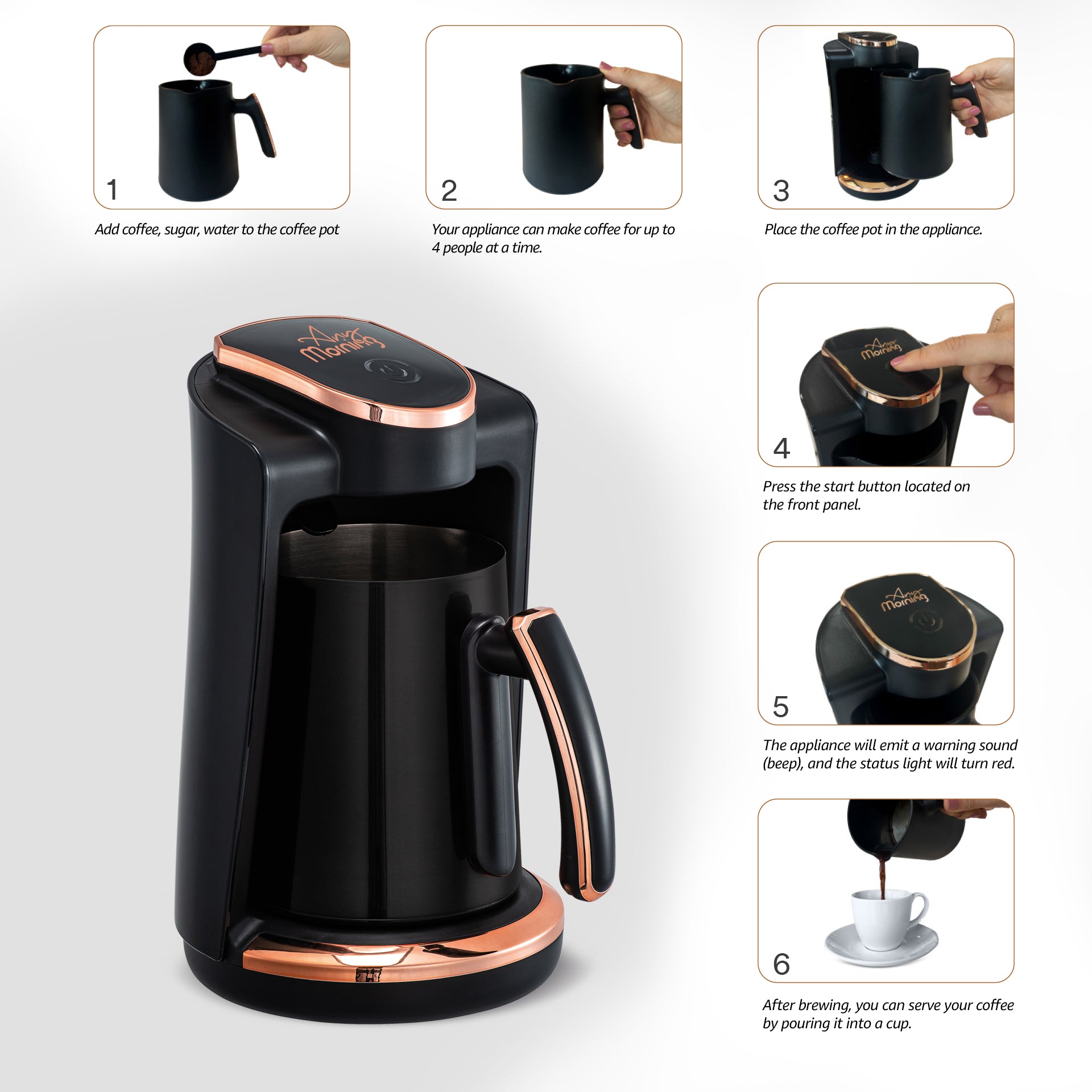 Any Morning Türkische Kaffeemaschine mit Edelstahlkanne, ideal für die Zubereitung von türkischem Kaffee für bis zu 4 Personen.