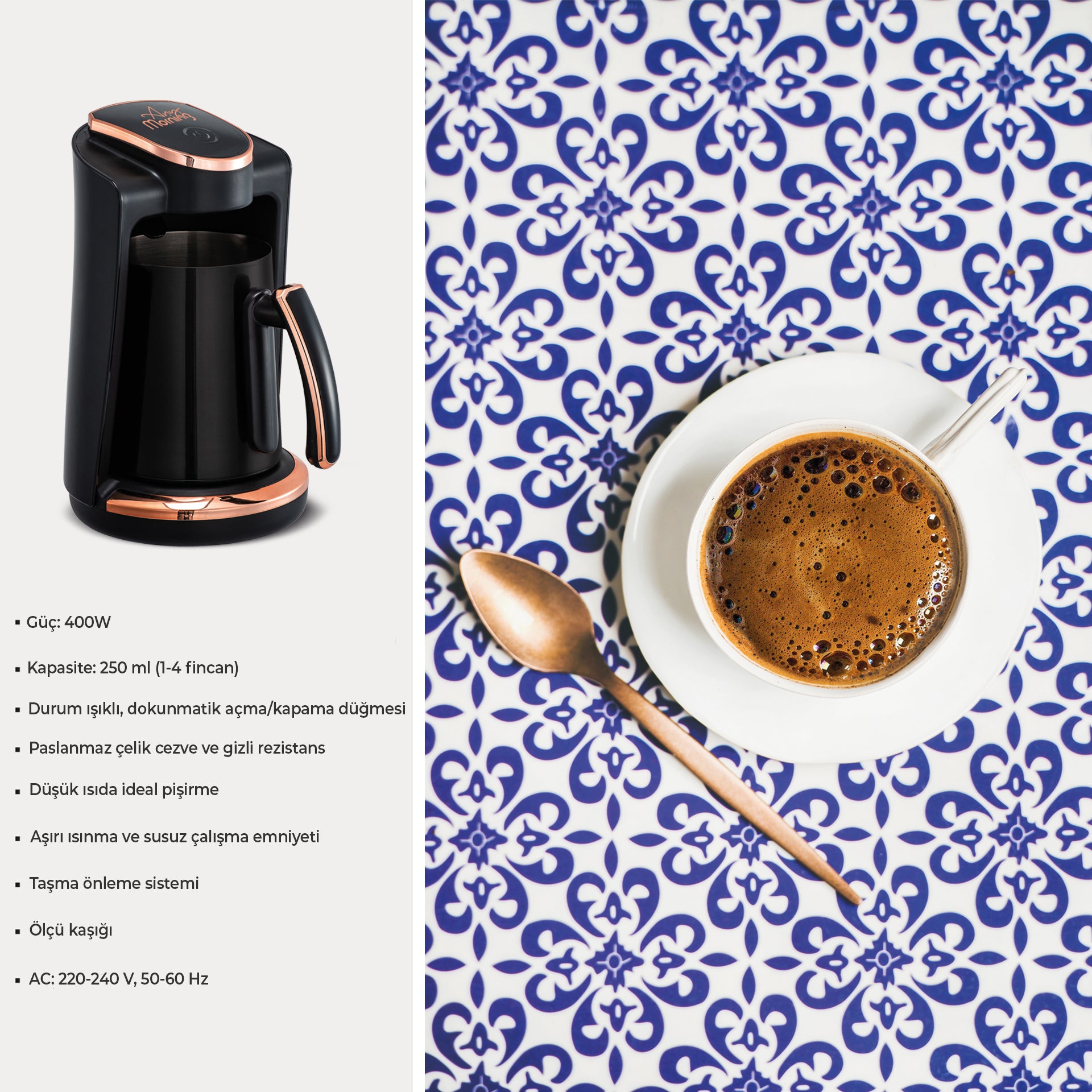 Any Morning Türkische Kaffeemaschine mit Edelstahlkanne, ideal für die Zubereitung von türkischem Kaffee für bis zu 4 Personen.