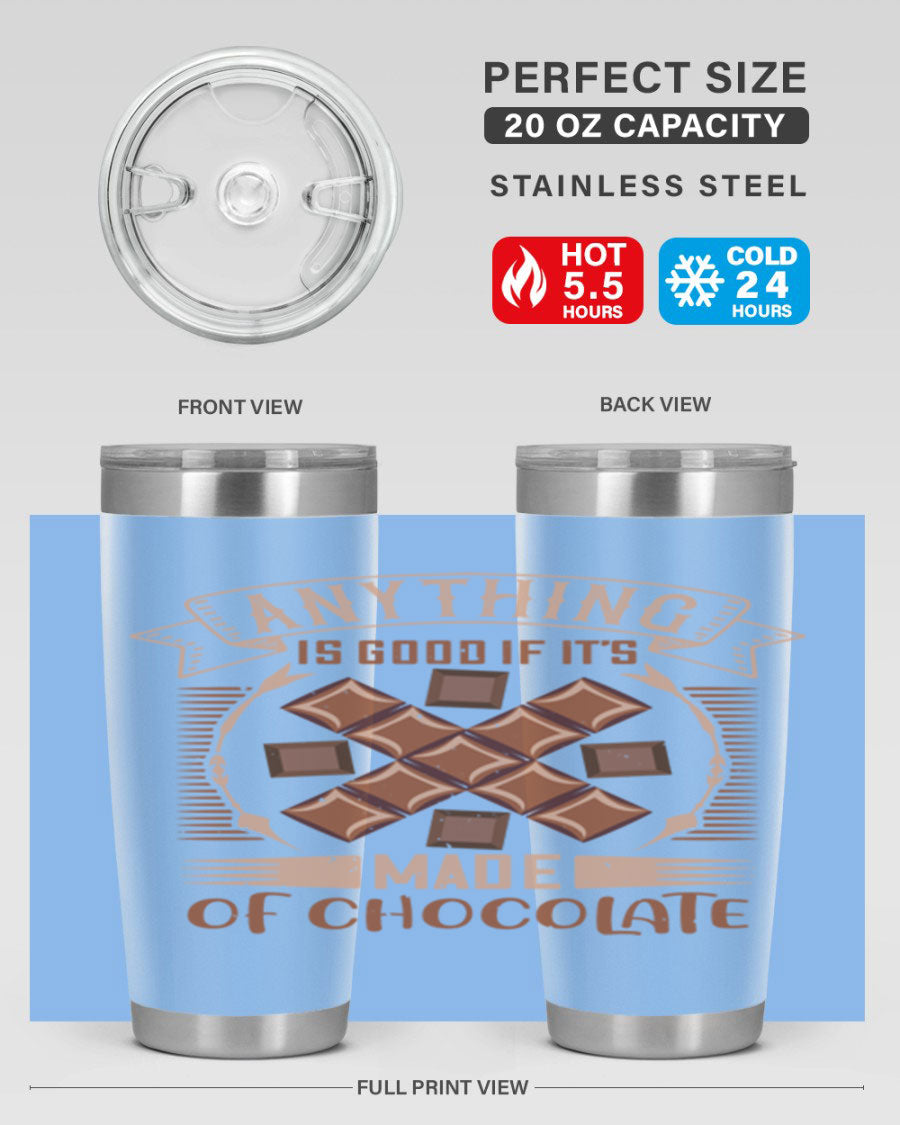 A stylish 20oz stainless steel tumbler with a chocolate-themed design, featuring a press-in lid and double wall vacuum insulation.