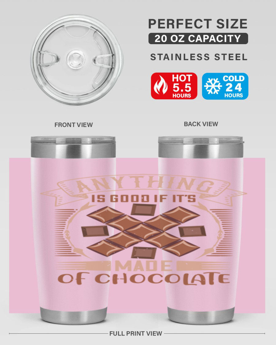 A stylish 20oz stainless steel tumbler with a chocolate-themed design, featuring a press-in lid and double wall vacuum insulation.