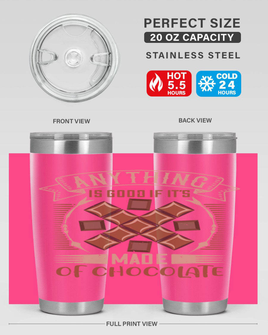 A stylish 20oz stainless steel tumbler with a chocolate-themed design, featuring a press-in lid and double wall vacuum insulation.