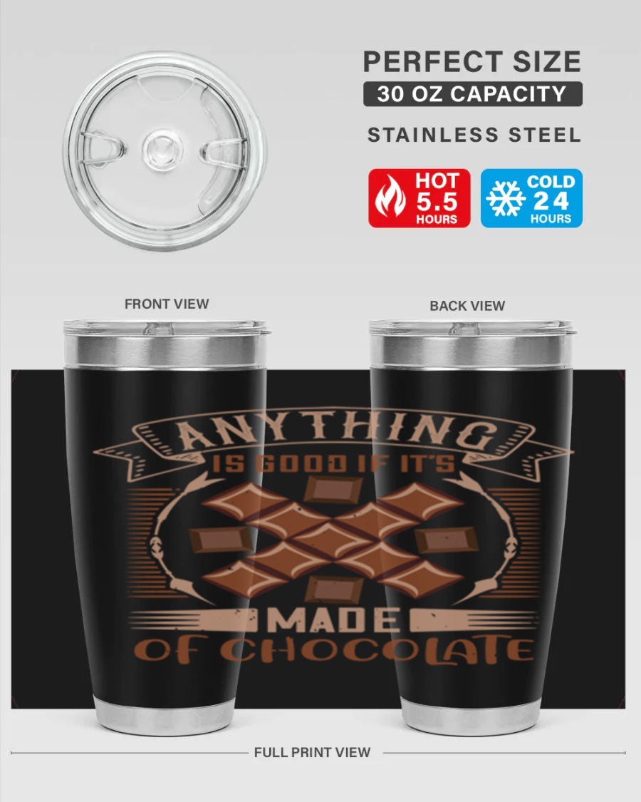 A stylish 20oz stainless steel tumbler with a chocolate-themed design, featuring a press-in lid and double wall vacuum insulation.