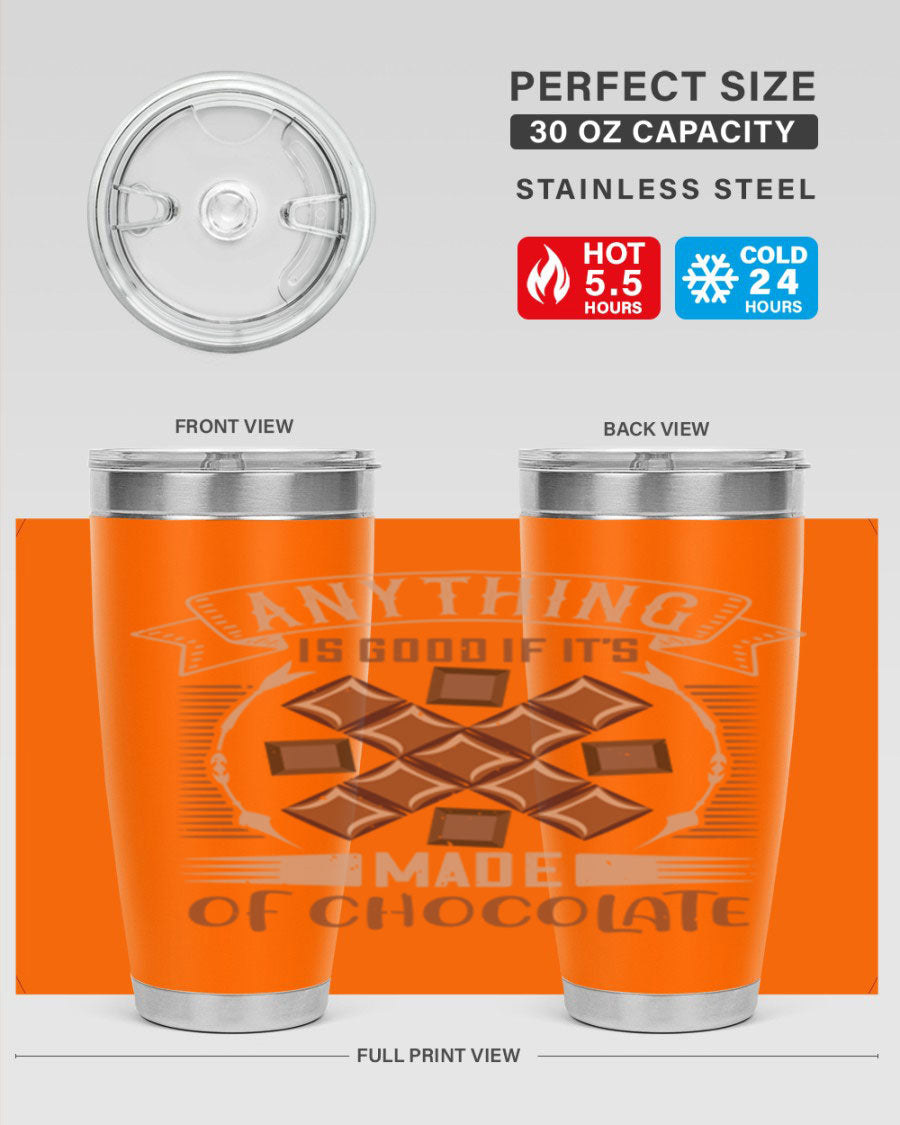 A stylish 20oz stainless steel tumbler with a chocolate-themed design, featuring a press-in lid and double wall vacuum insulation.