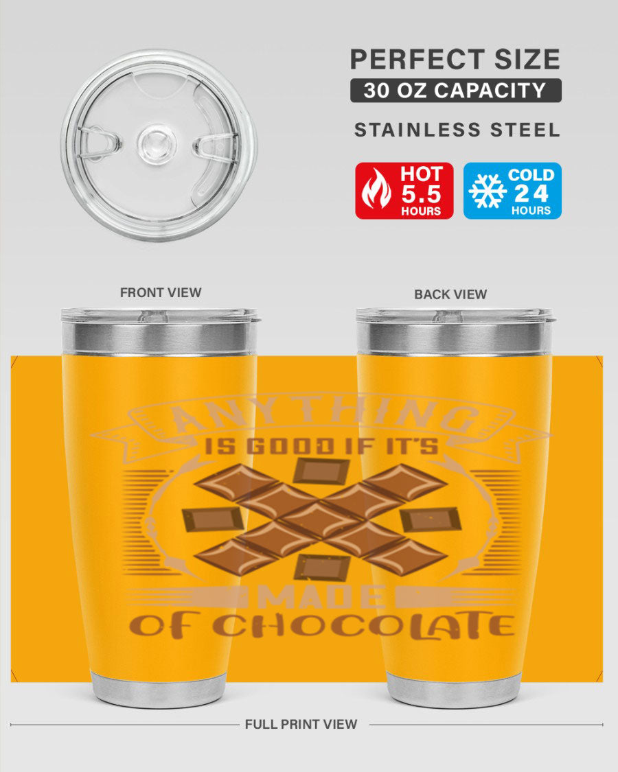 A stylish 20oz stainless steel tumbler with a chocolate-themed design, featuring a press-in lid and double wall vacuum insulation.