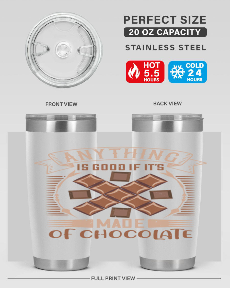 A stylish 20oz stainless steel tumbler with a chocolate-themed design, featuring a press-in lid and double wall vacuum insulation.