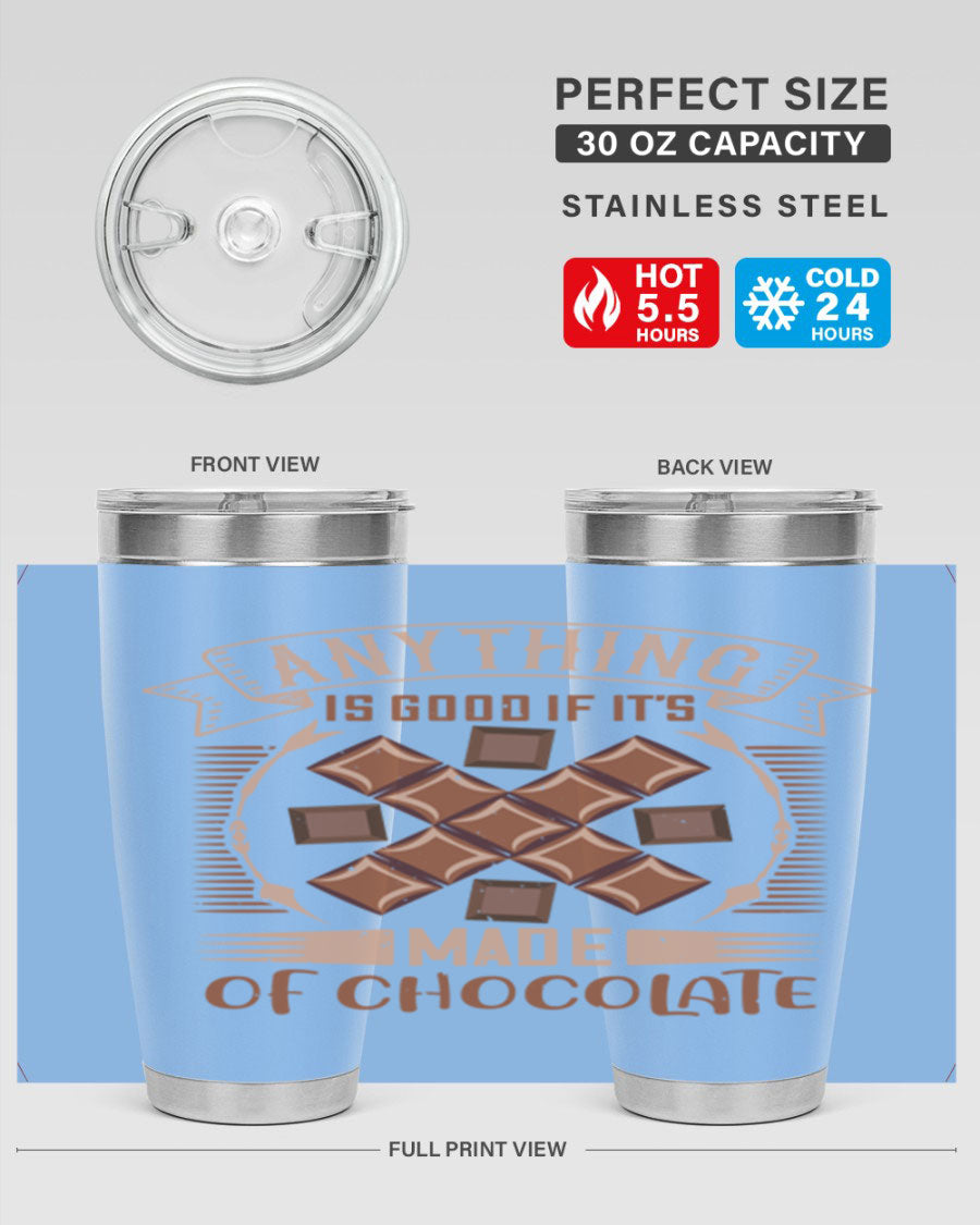A stylish 20oz stainless steel tumbler with a chocolate-themed design, featuring a press-in lid and double wall vacuum insulation.