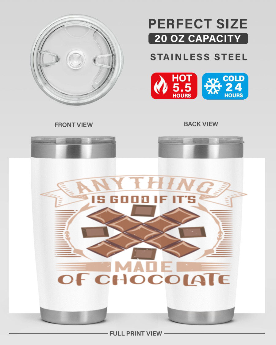 A stylish 20oz stainless steel tumbler with a chocolate-themed design, featuring a press-in lid and double wall vacuum insulation.