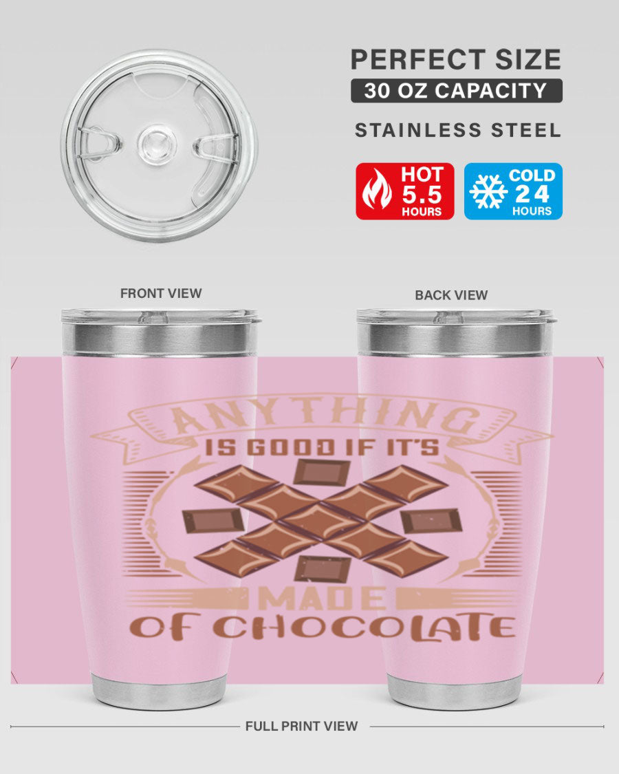 A stylish 20oz stainless steel tumbler with a chocolate-themed design, featuring a press-in lid and double wall vacuum insulation.