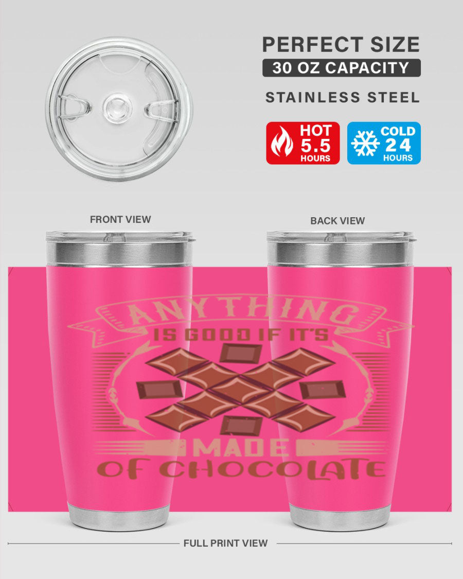 A stylish 20oz stainless steel tumbler with a chocolate-themed design, featuring a press-in lid and double wall vacuum insulation.
