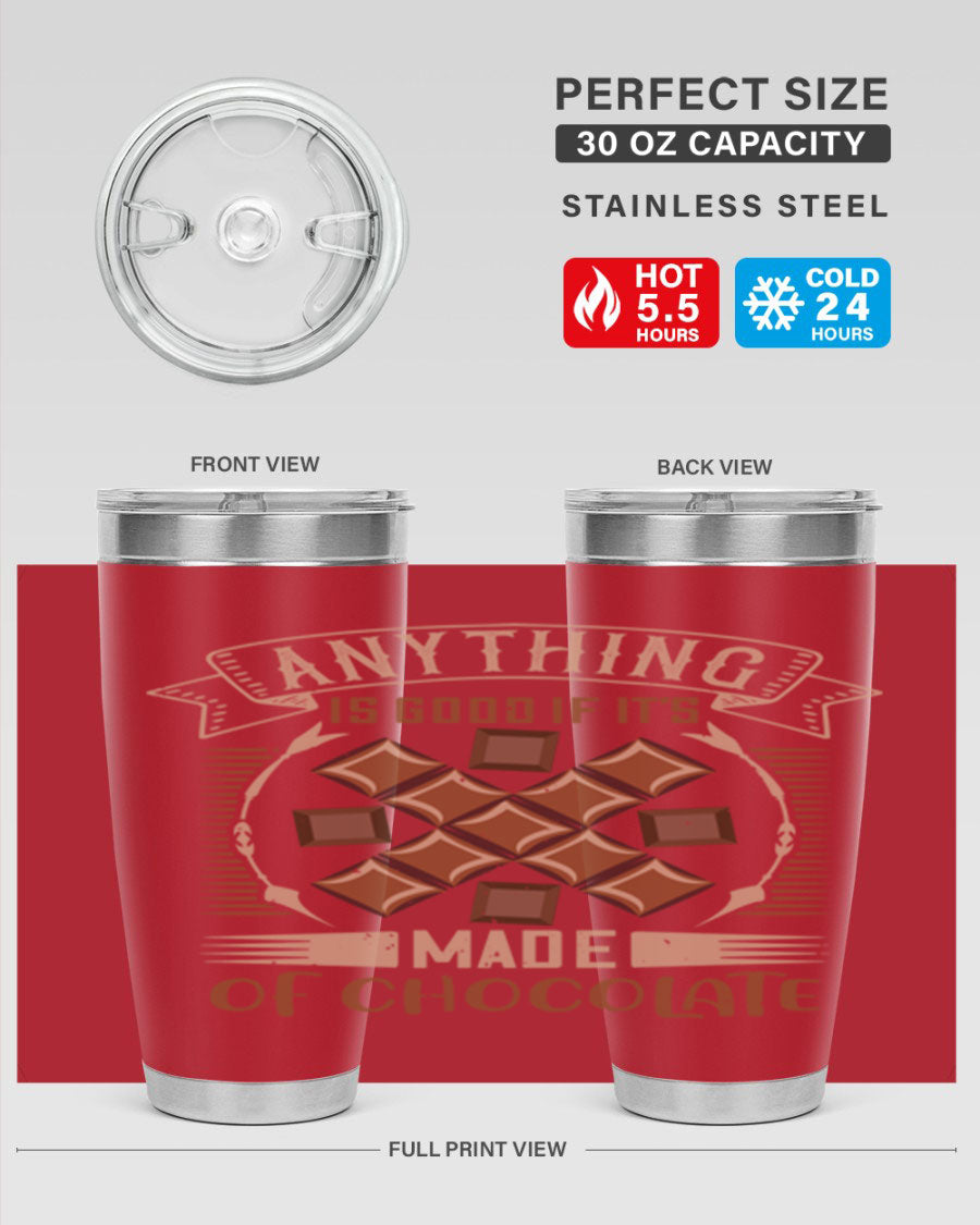 A stylish 20oz stainless steel tumbler with a chocolate-themed design, featuring a press-in lid and double wall vacuum insulation.
