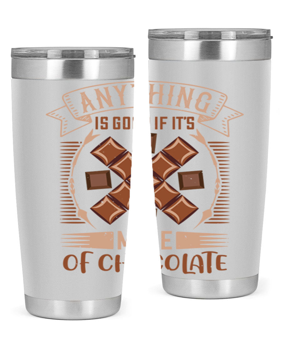 A stylish 20oz stainless steel tumbler with a chocolate-themed design, featuring a press-in lid and double wall vacuum insulation.