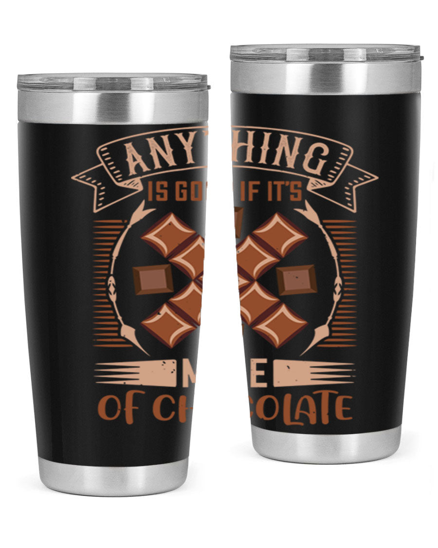 A stylish 20oz stainless steel tumbler with a chocolate-themed design, featuring a press-in lid and double wall vacuum insulation.