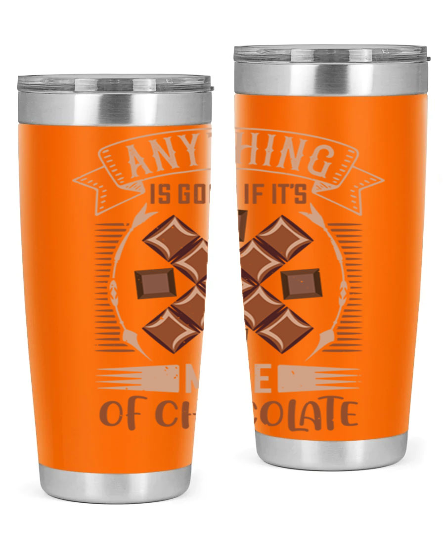 A stylish 20oz stainless steel tumbler with a chocolate-themed design, featuring a press-in lid and double wall vacuum insulation.