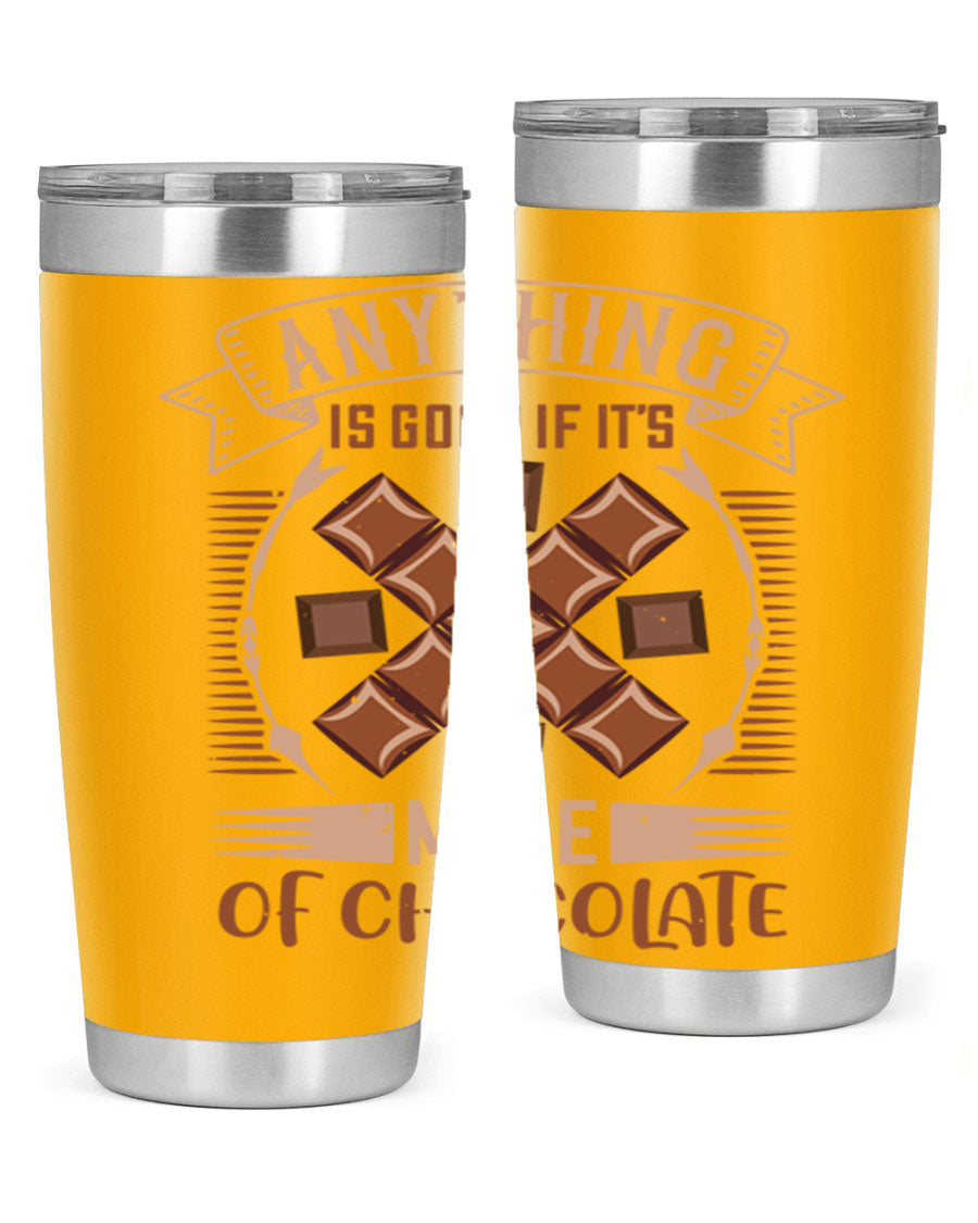 A stylish 20oz stainless steel tumbler with a chocolate-themed design, featuring a press-in lid and double wall vacuum insulation.