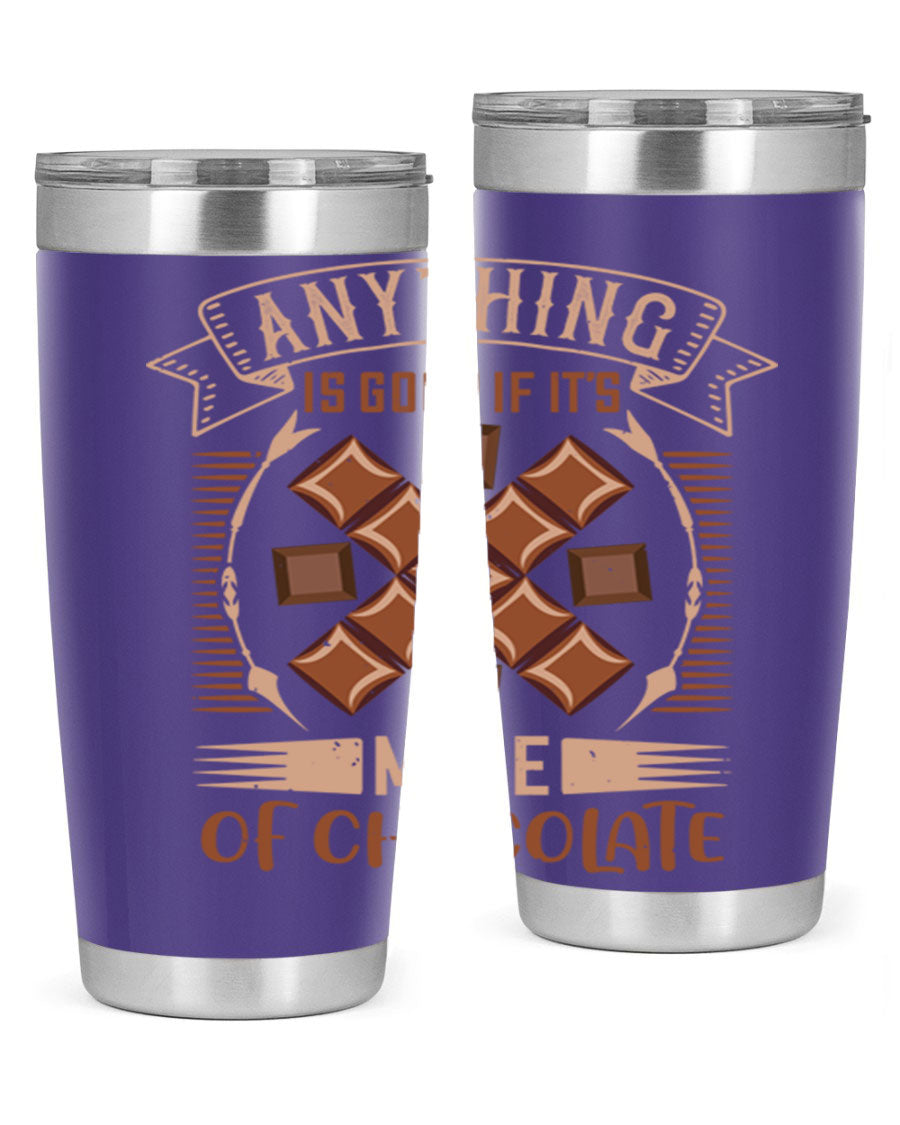 A stylish 20oz stainless steel tumbler with a chocolate-themed design, featuring a press-in lid and double wall vacuum insulation.