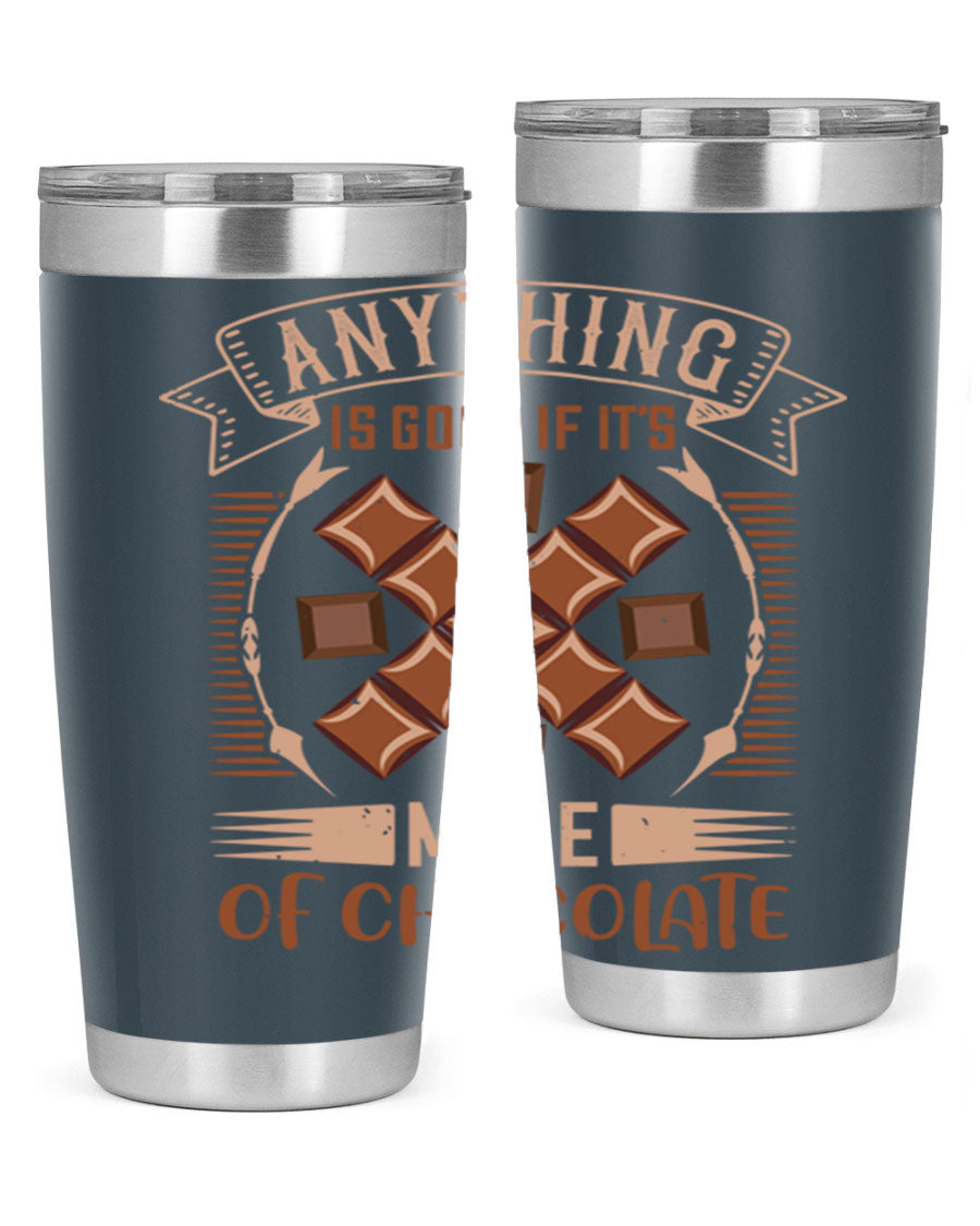 A stylish 20oz stainless steel tumbler with a chocolate-themed design, featuring a press-in lid and double wall vacuum insulation.
