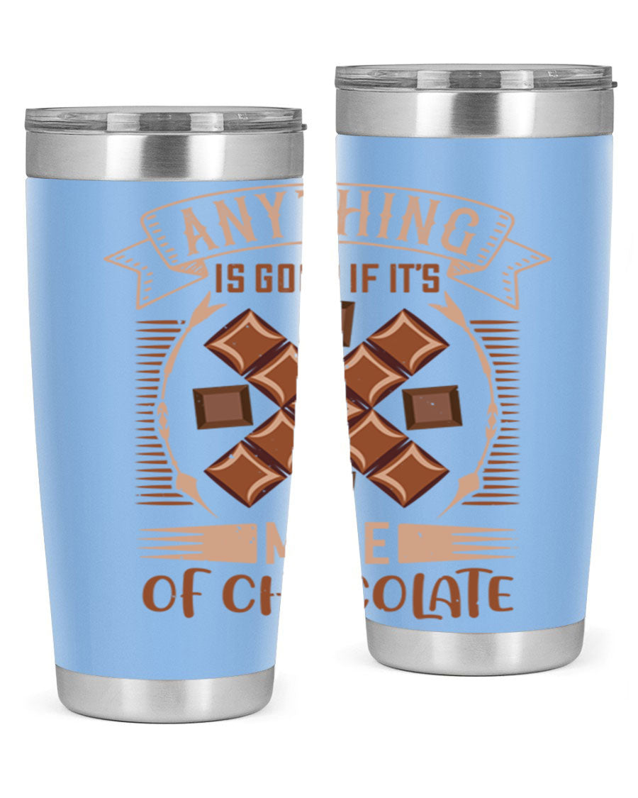 A stylish 20oz stainless steel tumbler with a chocolate-themed design, featuring a press-in lid and double wall vacuum insulation.