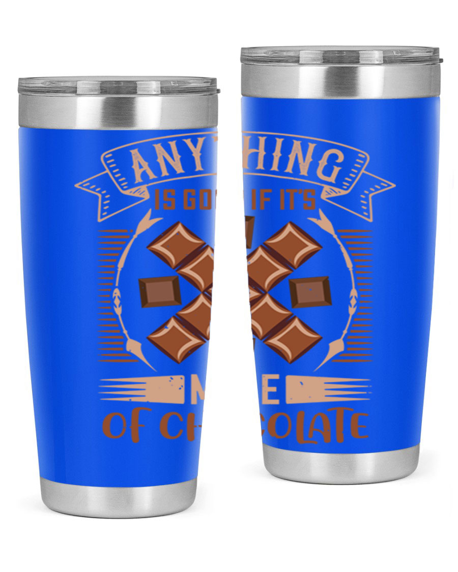 A stylish 20oz stainless steel tumbler with a chocolate-themed design, featuring a press-in lid and double wall vacuum insulation.