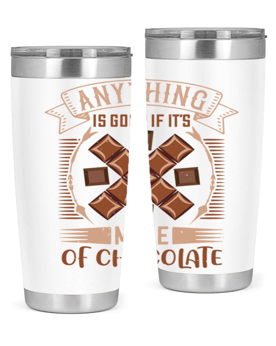 A stylish 20oz stainless steel tumbler with a chocolate-themed design, featuring a press-in lid and double wall vacuum insulation.