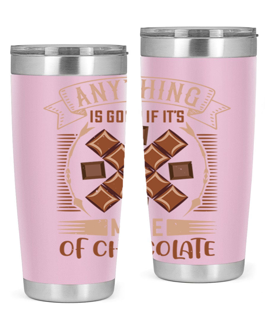 A stylish 20oz stainless steel tumbler with a chocolate-themed design, featuring a press-in lid and double wall vacuum insulation.