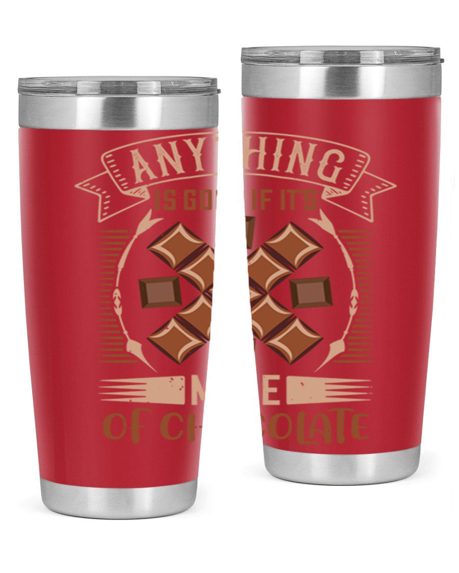 A stylish 20oz stainless steel tumbler with a chocolate-themed design, featuring a press-in lid and double wall vacuum insulation.