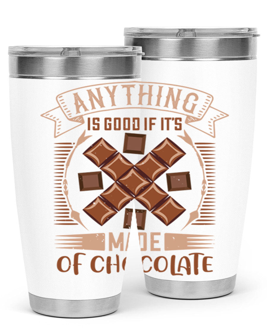 A stylish 20oz stainless steel tumbler with a chocolate-themed design, featuring a press-in lid and double wall vacuum insulation.