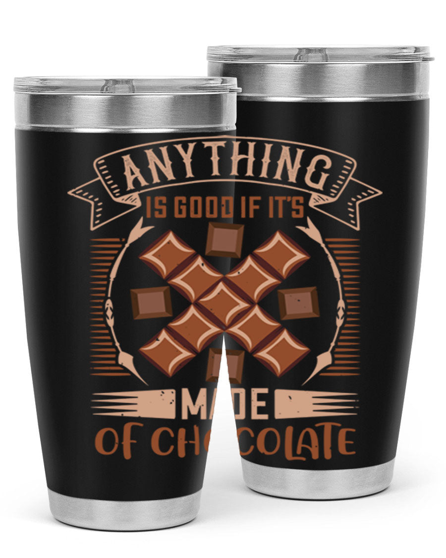A stylish 20oz stainless steel tumbler with a chocolate-themed design, featuring a press-in lid and double wall vacuum insulation.