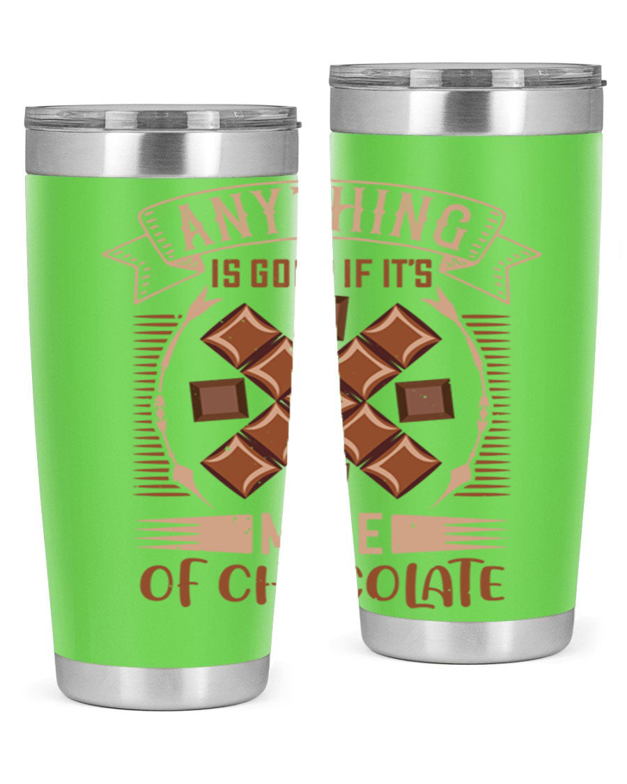 A stylish 20oz stainless steel tumbler with a chocolate-themed design, featuring a press-in lid and double wall vacuum insulation.