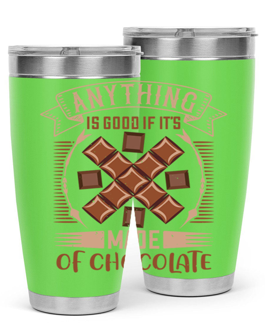 A stylish 20oz stainless steel tumbler with a chocolate-themed design, featuring a press-in lid and double wall vacuum insulation.