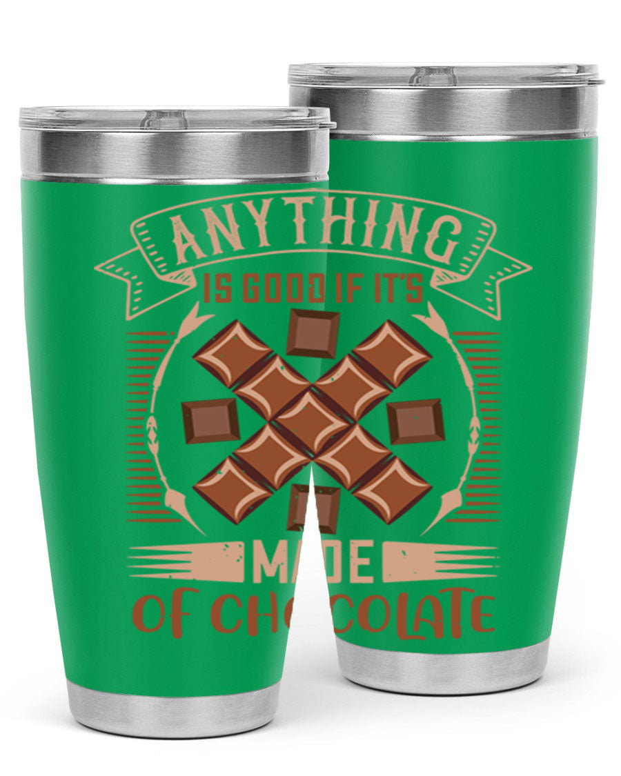 A stylish 20oz stainless steel tumbler with a chocolate-themed design, featuring a press-in lid and double wall vacuum insulation.