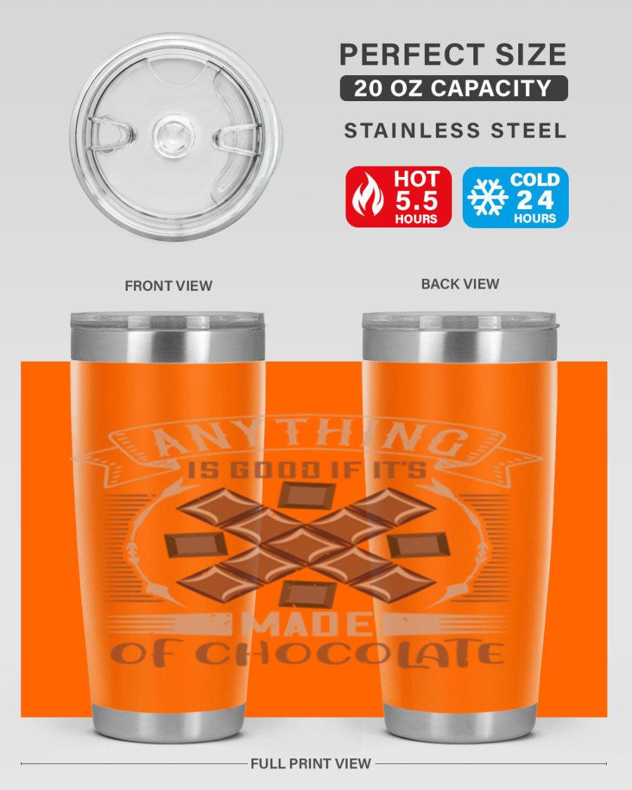 A stylish 20oz stainless steel tumbler with a chocolate-themed design, featuring a press-in lid and double wall vacuum insulation.