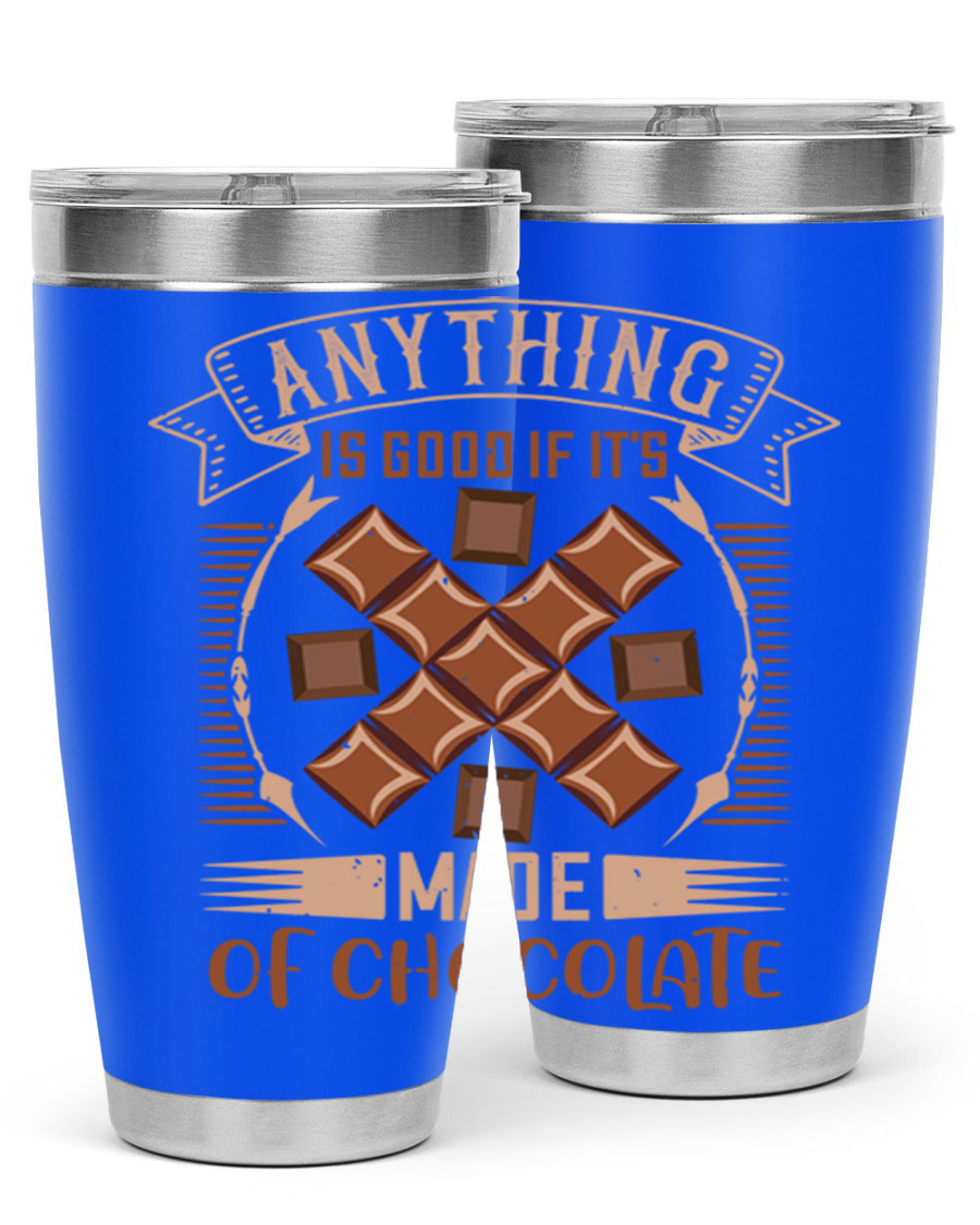 A stylish 20oz stainless steel tumbler with a chocolate-themed design, featuring a press-in lid and double wall vacuum insulation.