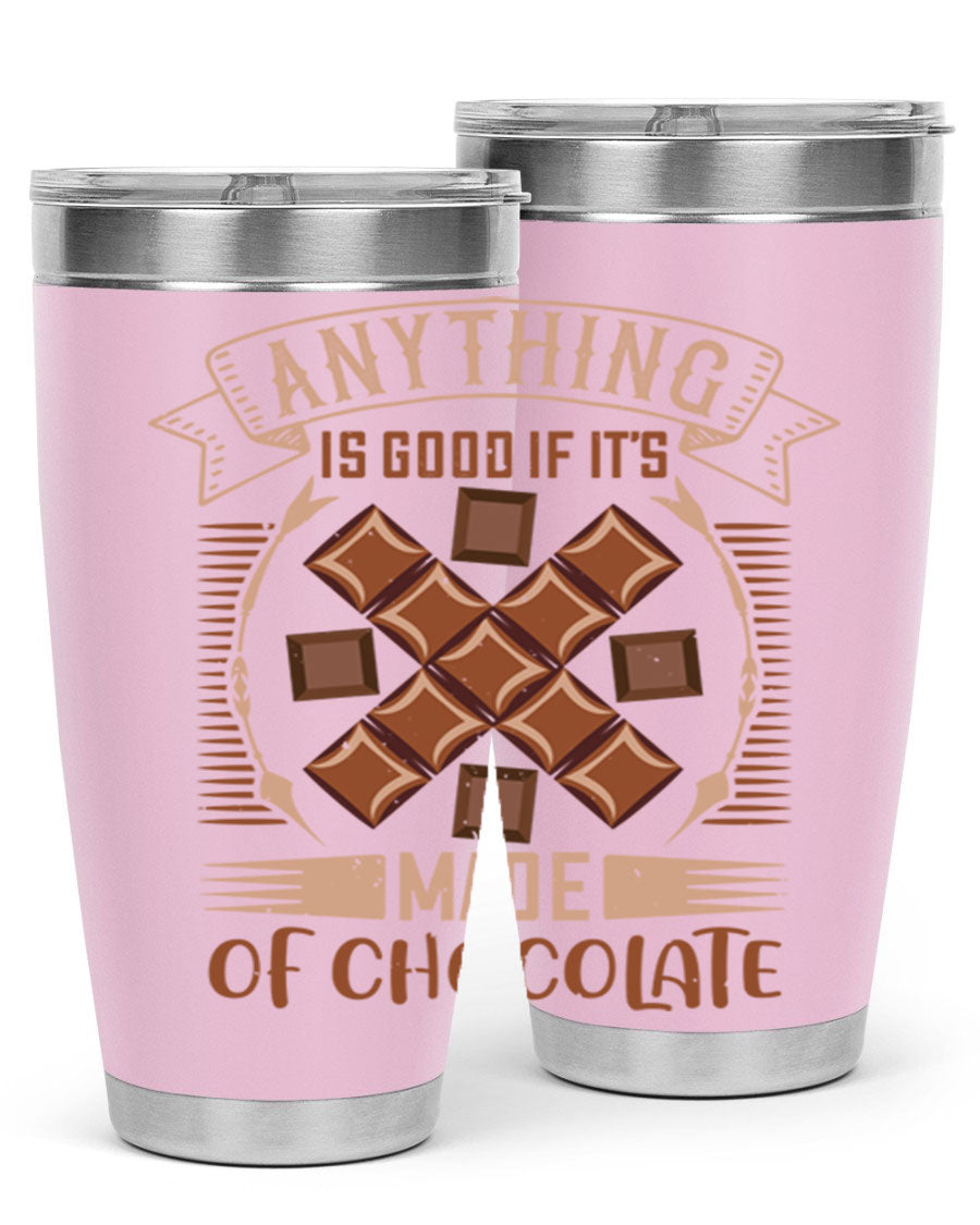 A stylish 20oz stainless steel tumbler with a chocolate-themed design, featuring a press-in lid and double wall vacuum insulation.