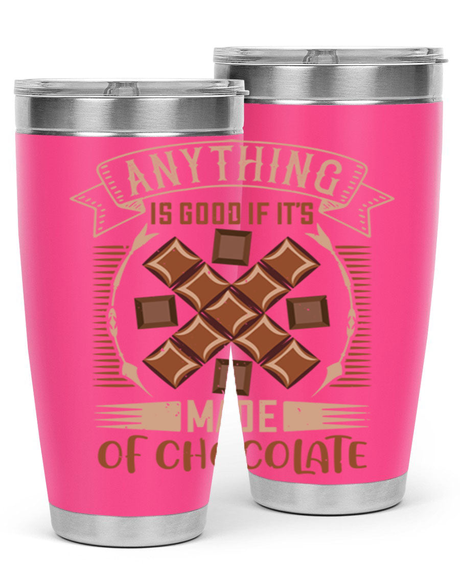 A stylish 20oz stainless steel tumbler with a chocolate-themed design, featuring a press-in lid and double wall vacuum insulation.
