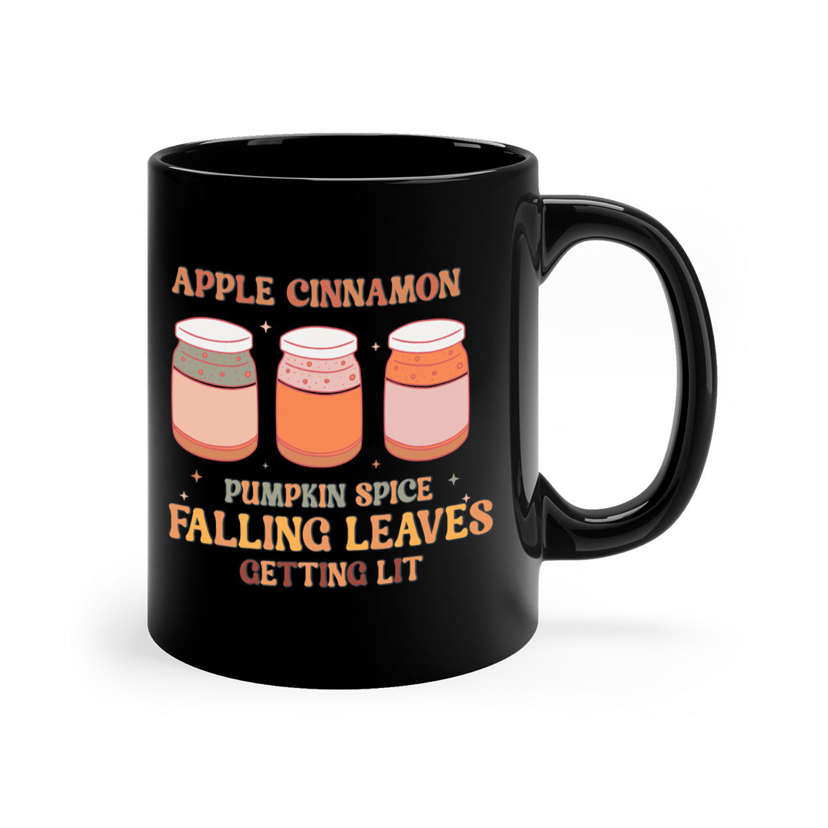 A stylish two-tone ceramic mug featuring a fall-themed design with apple cinnamon and pumpkin spice motifs, available in multiple colors.