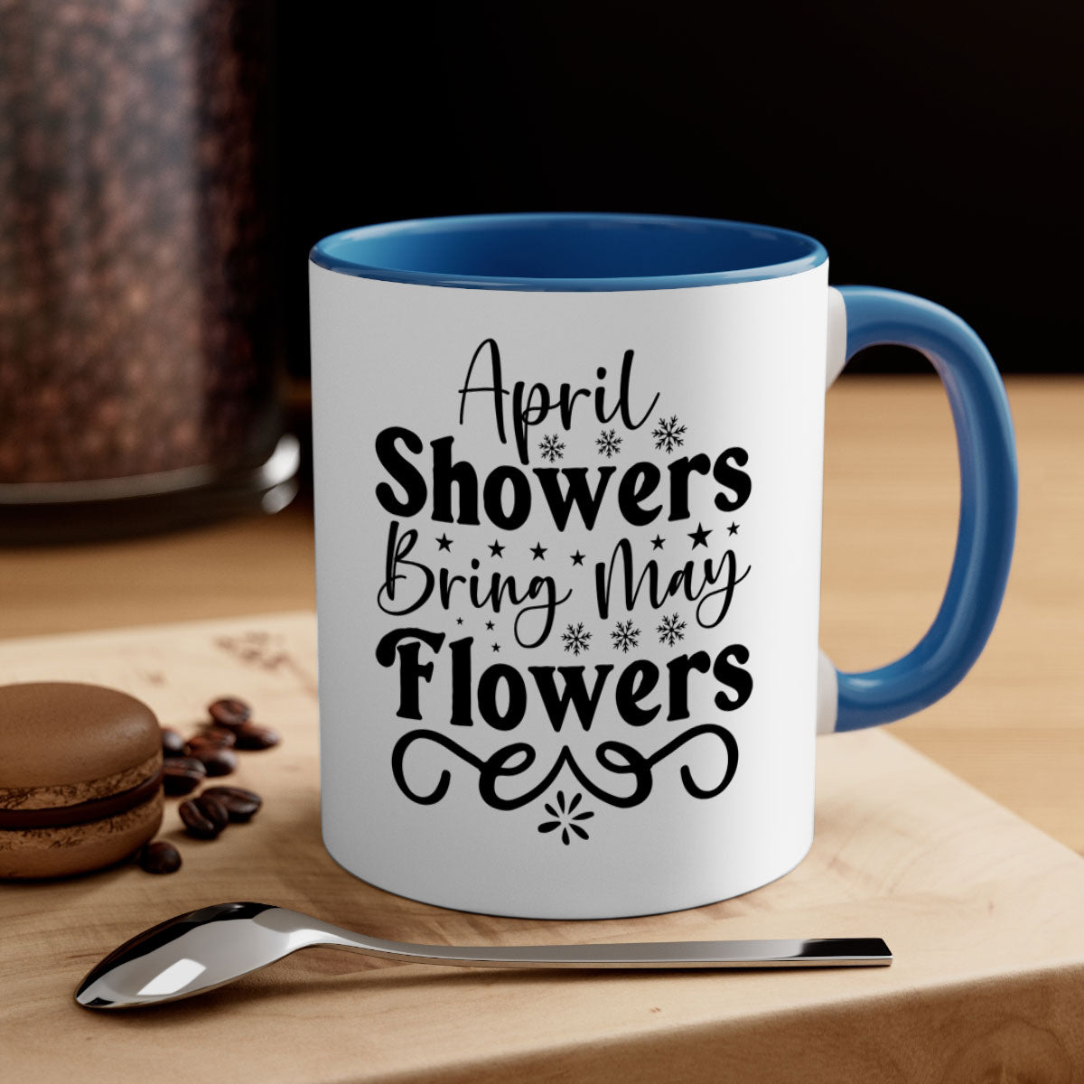 April Showers Bring May Flowers Mug with colorful handle and glossy finish, available in two sizes.