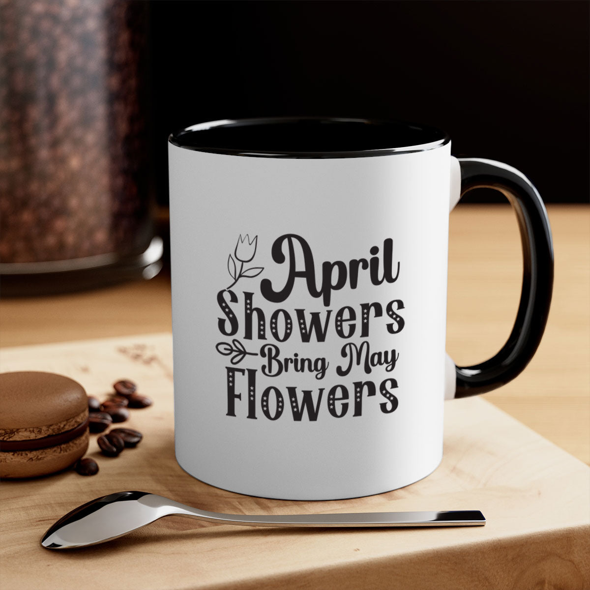 April Showers Bring May Flowers Mug with colorful handle and glossy finish, available in multiple colors.