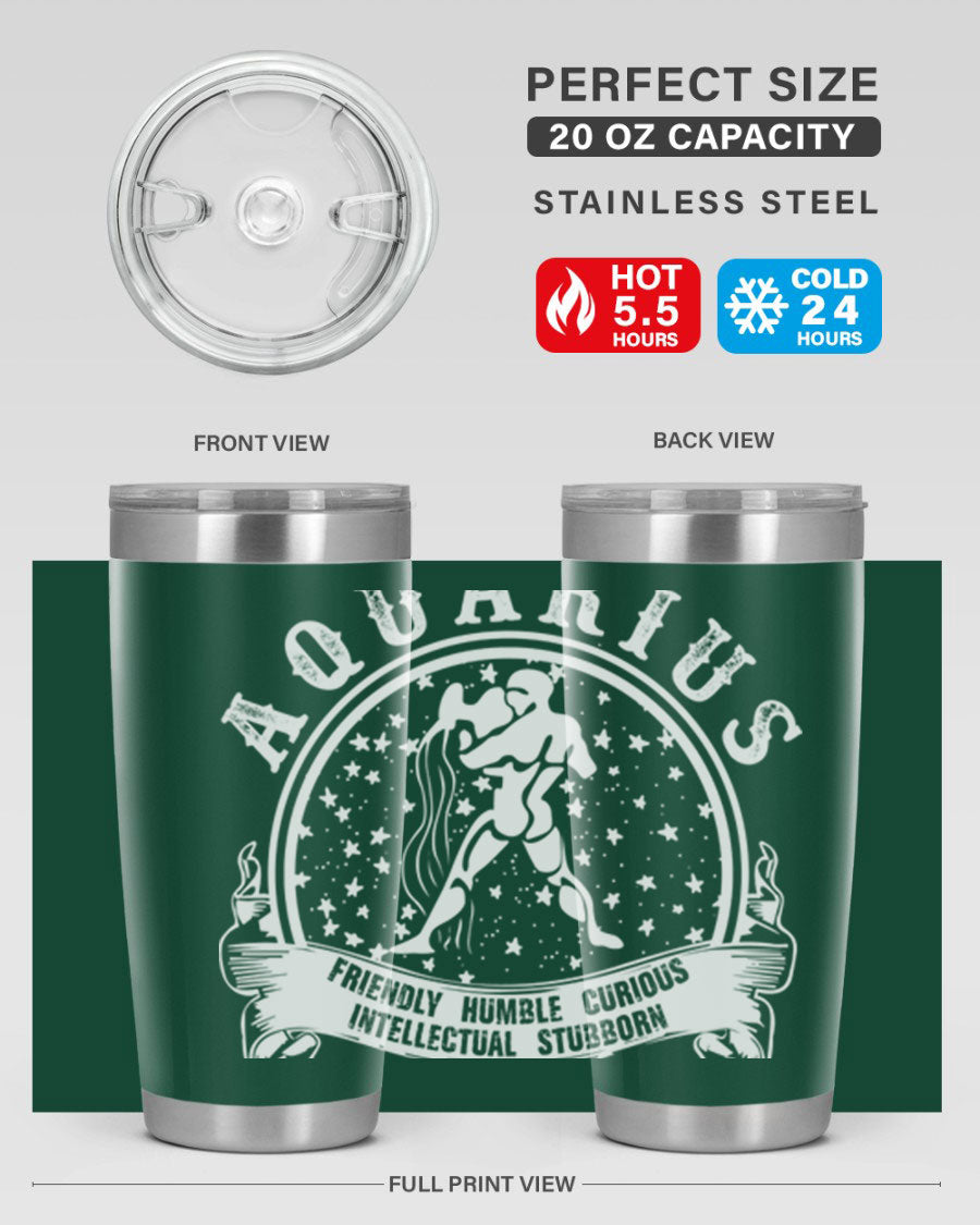 Aquarius 43# zodiac tumbler in stainless steel with a vibrant design, featuring a drink-thru lid and double wall vacuum insulation.